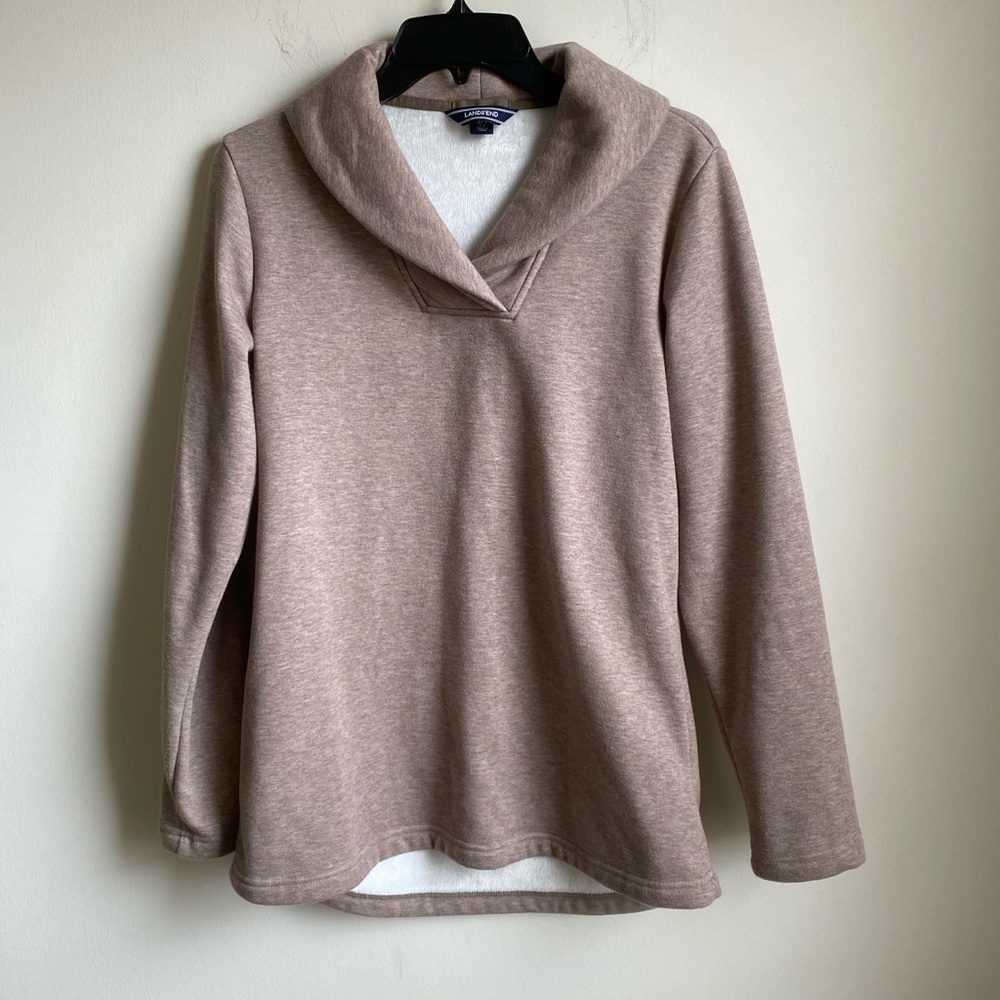 Lands End Women's S Brown Shawl Collar Fleece Lined Knit Sweatshirt Top